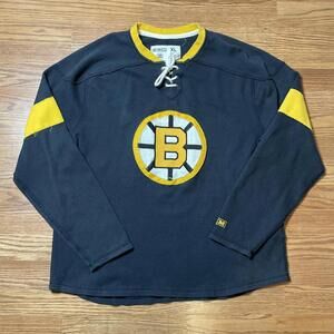 Boston Bruins Jersey Sweatshirt CCM Lace Up Neck Waffle Knit Black Sz XL